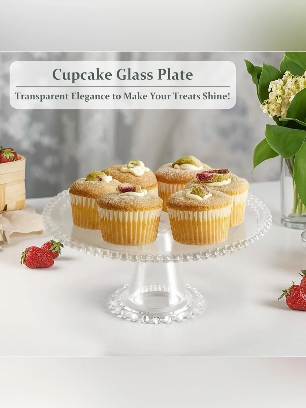 8 Inch Beaded Glass Cake Stand Vintage Clear Cake Stand